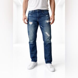 PRPS MEN'S STRAIGHT LEG JEANS  Patched Stretch blue stitched distressed